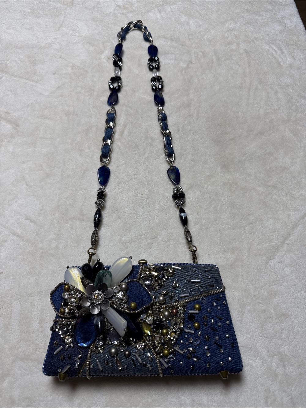 Early Mary Frances One of A Kind - Blue Denim Floral Beaded Crossbody Clutch